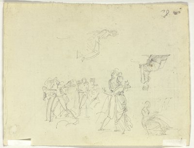 Blad met schetsen: Menigte en individuele figuren door Pierre Antoine Mongin