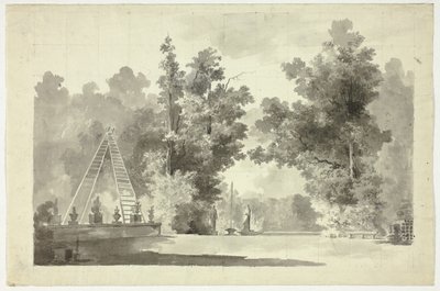 Gezicht op het park van Versailles: Ladderboog met planten; beeldhouwwerken door Pierre Antoine Mongin