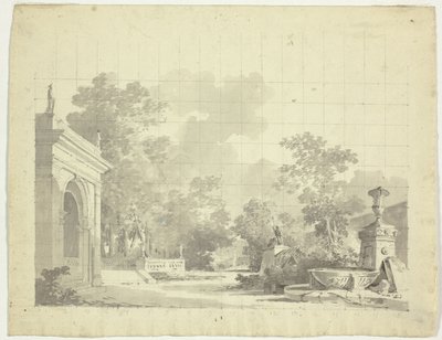 Gezicht op het park van Versailles: Gewelfde toegang tot een terras, urnen en verwoeste beelden door Pierre Antoine Mongin