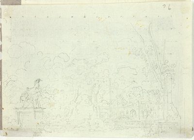 Uitzicht op het park van Versailles: Ruiterstandbeeld tussen bomen door Pierre Antoine Mongin