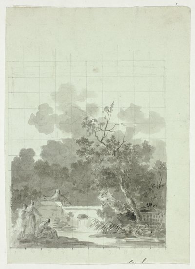 Uitzicht op het park van Versailles: Vissen in vijver bij boomgaard door Pierre Antoine Mongin