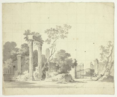 Gezicht op het park van Versailles: Verwoeste zuilen en een open ijzeren poort door Pierre Antoine Mongin