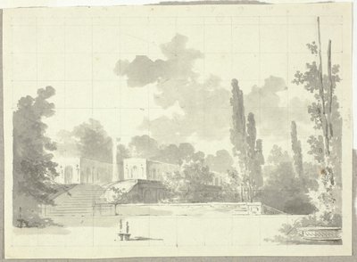 Uitzicht op het park van Versailles: Trap naar terras met tempel en zuil door Pierre Antoine Mongin