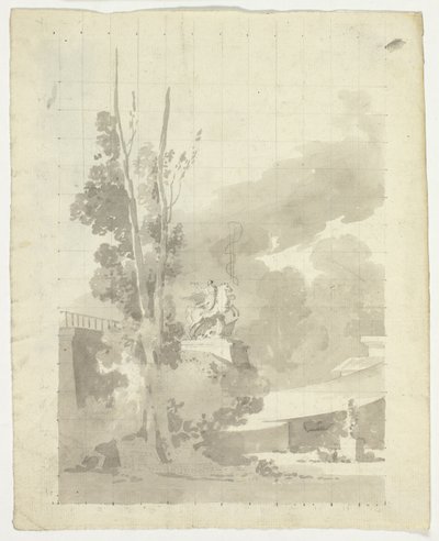 Gezicht op het park van Versailles: Terras, bomen en ruiterstandbeeld door Pierre Antoine Mongin