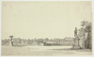 Gezicht op het park van Versailles: Terras met urne, sfinx en vrouwenbeeld door Pierre Antoine Mongin