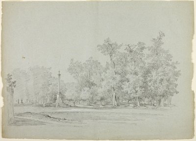 Gezicht op het park van Versailles: Landschap met gedenkzuil en boomgaard door Pierre Antoine Mongin