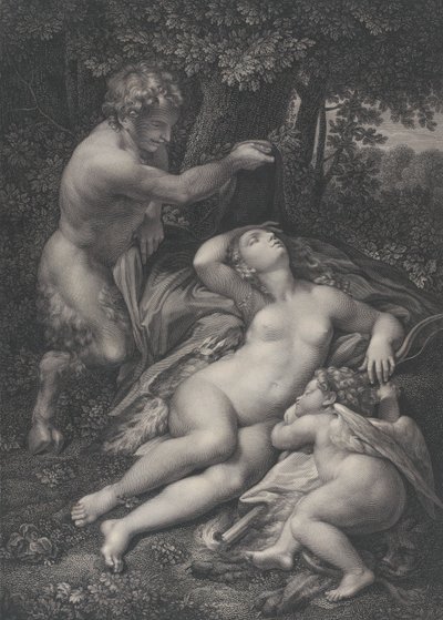 Een sater ontdekt de slapende Venus, met Cupido aan haar zijde door Pierre Audouin