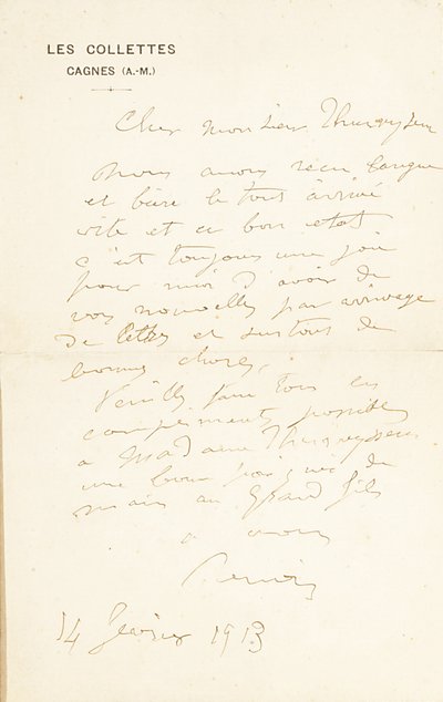 Handtekening brief aan Dr. Fritz Thurneyssen, Parijs en Les Collettes, 24 juni 1908 door Pierre Auguste Renoir