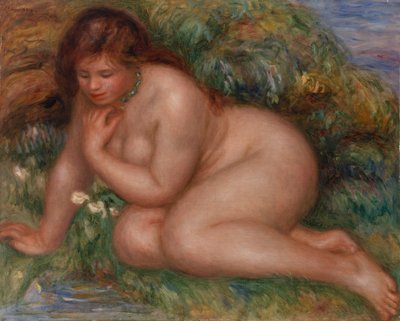 Bader die zichzelf in het water bekijkt door Pierre Auguste Renoir