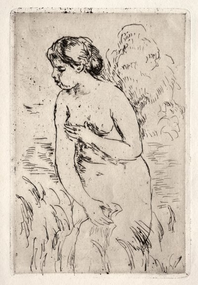 Badende tot haar knieën in het water door Pierre Auguste Renoir
