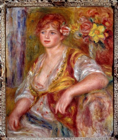 Blonde met de roos. Portret van Andree Madeleine Heuschling, bijgenaamd Dedee, een comédienne bekend als Catherine Hessling door Pierre Auguste Renoir