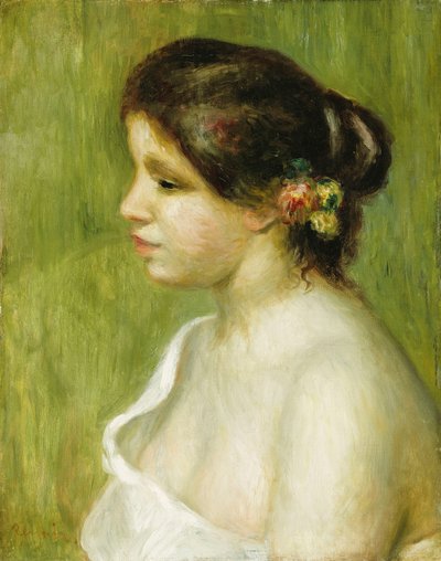 Buste van een Jong Meisje met Bloemen in haar Oor door Pierre Auguste Renoir