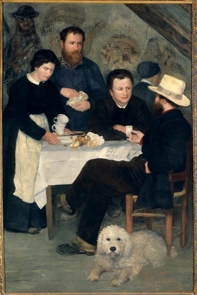 Chez la Mere Antony a Marlotte: Claude Monet, Alfred Sisley en Charles Le Coeur aan tafel met Mere Anthony door Pierre Auguste Renoir