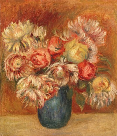 Chrysanten in een groene vaas door Pierre Auguste Renoir