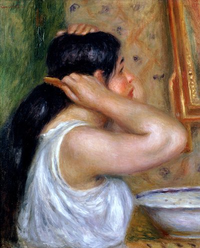 Meisje dat haar Haar Kammt, 1907-8 door Pierre Auguste Renoir