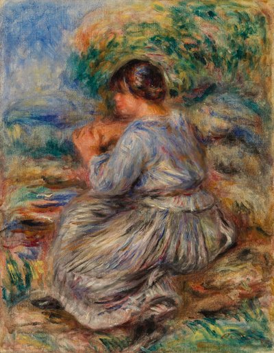 Meisje zittend in een landschap door Pierre Auguste Renoir