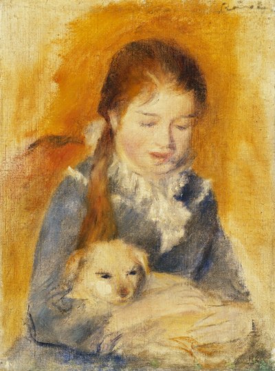 Meisje met hond; Fillette au Chien, c.1875 door Pierre Auguste Renoir