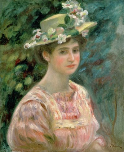 Meisje met eglantines op haar hoed, ca. 1896 door Pierre Auguste Renoir