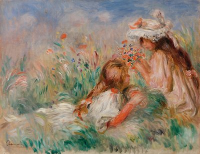 Meisjes in het Gras die een Boeket Schikken door Pierre Auguste Renoir