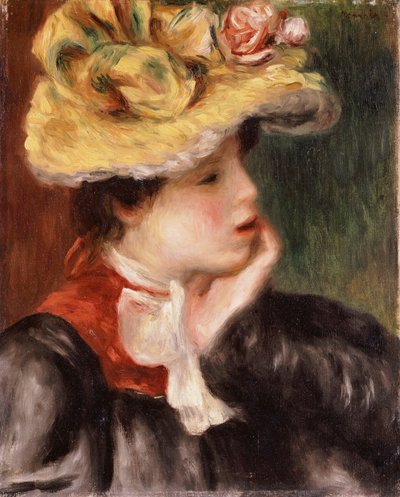 Hoofd van een Meisje met een Gele Hoed door Pierre Auguste Renoir