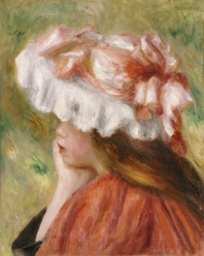 Hoofd van een jong meisje met een rode hoed door Pierre Auguste Renoir