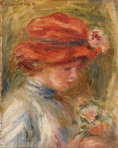 Jonge vrouw met rode hoed door Pierre Auguste Renoir
