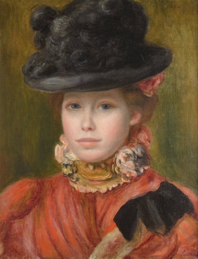 Meisje met zwarte hoed en rode bloemen door Pierre Auguste Renoir