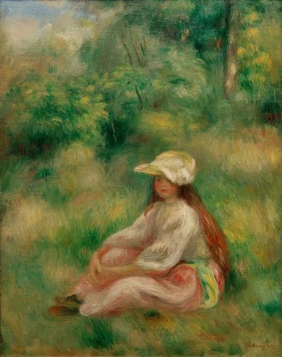 Jong meisje in roze in een landschap door Pierre Auguste Renoir