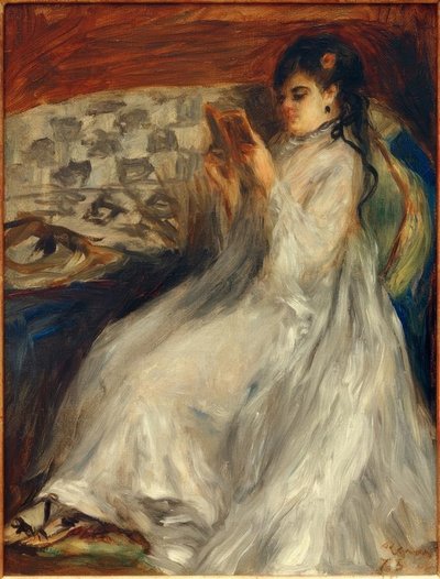 Lezende jonge vrouw in wit door Pierre Auguste Renoir