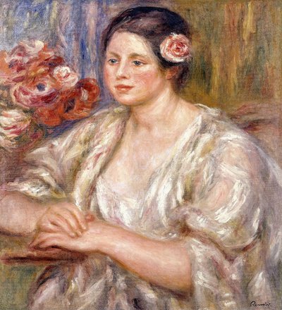 Madeleine in een Witte Blouse en Boeket Bloemen, ca. 1915-1919 door Pierre Auguste Renoir