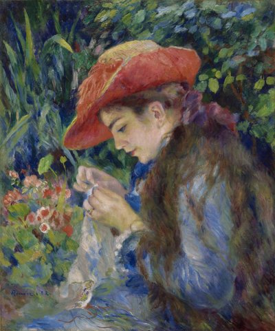 Marie-Therese Durand-Ruel aan het naaien door Pierre Auguste Renoir