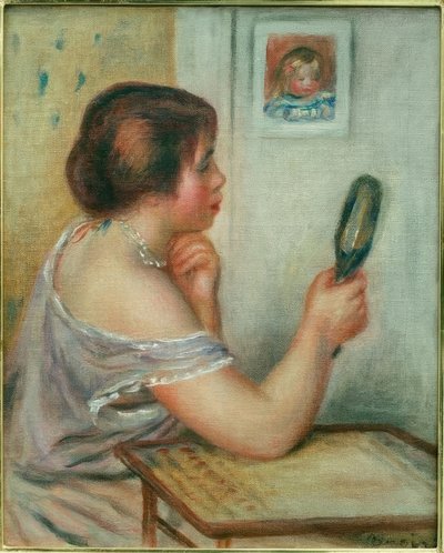 Marie Dupuis met een spiegel met een portret van Coco door Pierre Auguste Renoir