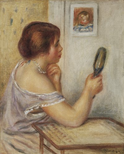 Marie Dupuis met een spiegel met een portret van Coco door Pierre Auguste Renoir