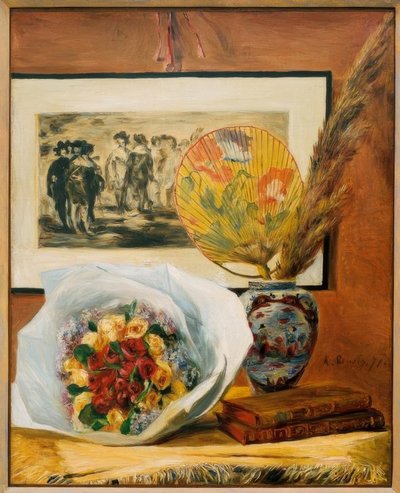 Stilleven met boeket en waaier door Pierre Auguste Renoir