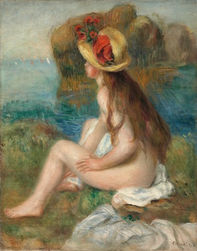 Naakt met een strohoed aan zee, 1892 door Pierre Auguste Renoir