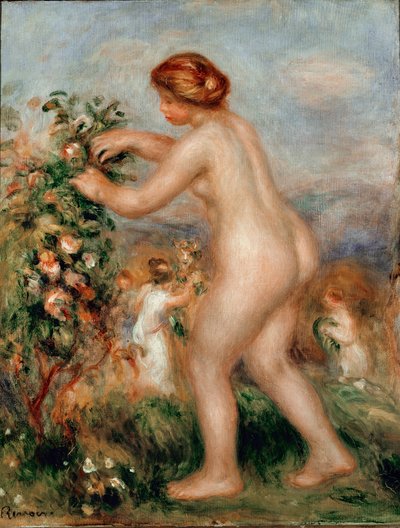 Ode aan bloemen. Naakte vrouw plukt rozen van een rozenstruik door Pierre Auguste Renoir