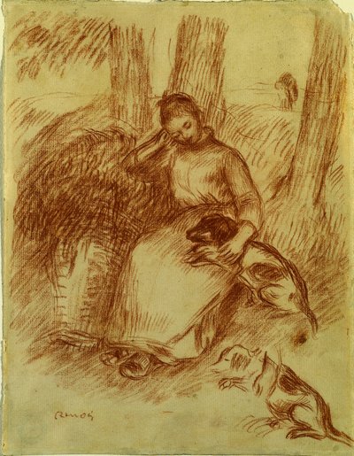 Boerenmeisje met hond, ca. 1894 door Pierre Auguste Renoir