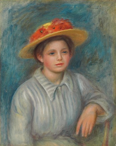 Portret van een vrouw met een hoed met bloemen door Pierre Auguste Renoir