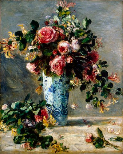Rozen en Jasmijn in een Delftse Vaas, 1880-1881 door Pierre Auguste Renoir