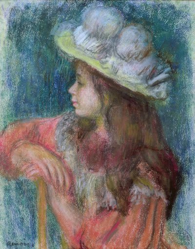 Zittend jong meisje met een witte hoed, 1884 door Pierre Auguste Renoir