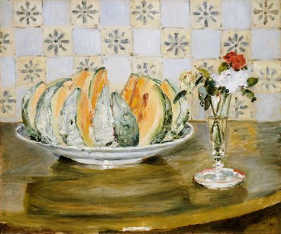 Stilleven van een meloen en een vaas met bloemen, ca. 1872 door Pierre Auguste Renoir
