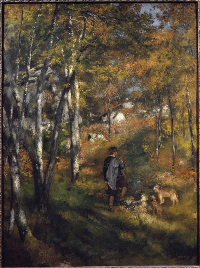 De schilder Jules Le Coeur met zijn honden in het bos van Fontainebleau door Pierre Auguste Renoir