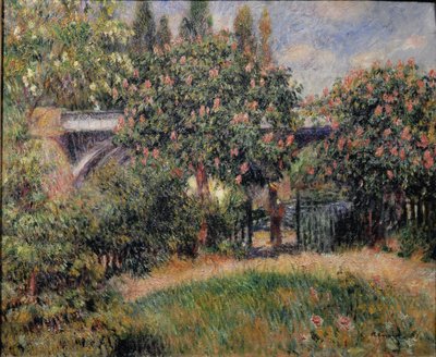 De spoorbrug in Chatou of de roze kastanjebomen - 1881 door Pierre Auguste Renoir