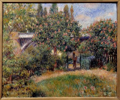 De spoorbrug in Chatou of de roze kastanjebomen door Pierre Auguste Renoir