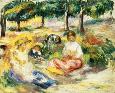 Drie meisjes zittend op het gras, 1896-1897 door Pierre Auguste Renoir
