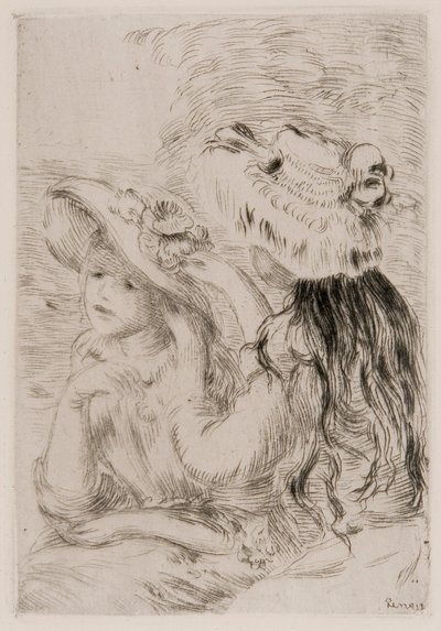 Twee jonge meisjes die bloemen op hun hoeden spelden, ca. 1897 door Pierre Auguste Renoir