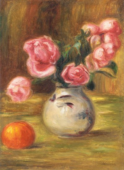 Vaas met Rozen en een Sinaasappel, 1910 door Pierre Auguste Renoir