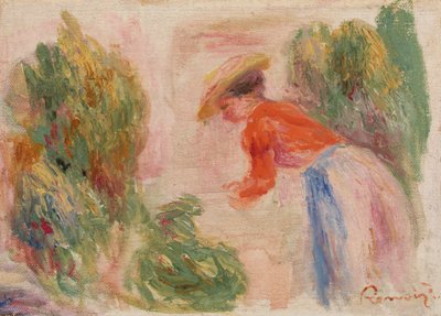 Vrouw die Bloemen Plukt door Pierre Auguste Renoir