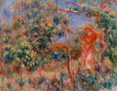 Vrouw in Rood in een Landschap door Pierre Auguste Renoir