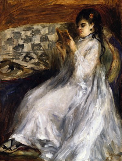 Vrouw in het wit lezend door Pierre Auguste Renoir